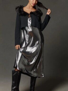 Maeve Faux-Fur Collar Crop Cardigan Sweater